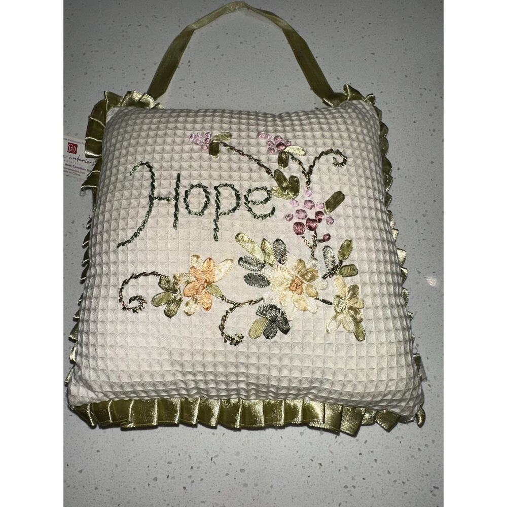 Vintage Home Interiors Hope Hanging Decorative Pillow Embroidered Floral Ribbon